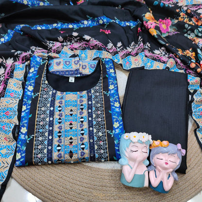 Black Floral Printed Kurta Set with Dupatta & Straight Pants