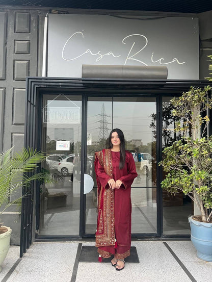 Majestic Maroon Premium Pure Cotton Embroidered Suit Set with Heavy Designer Dupatta
