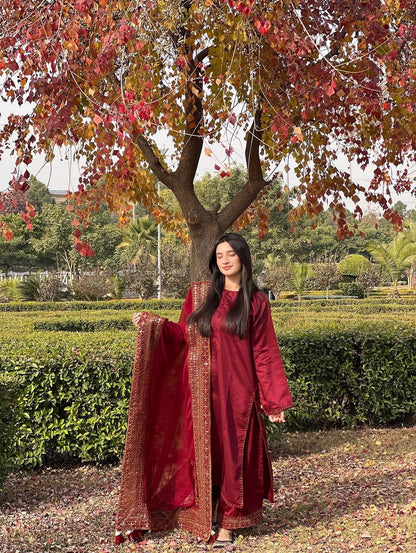 Majestic Maroon Premium Pure Cotton Embroidered Suit Set with Heavy Designer Dupatta