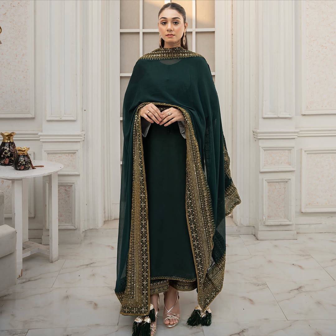 Emerald Grace Premium Embroidered Suit Set with Heavy Designer Dupatta