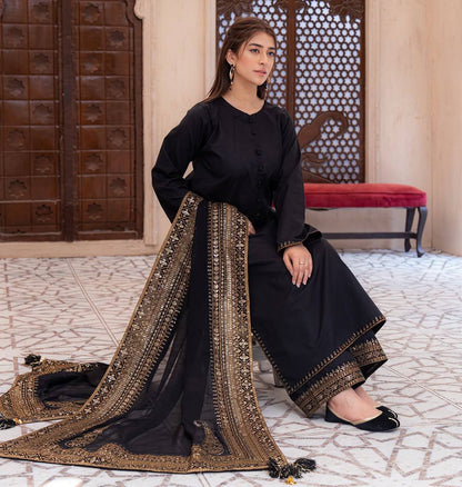 Royal Noir Embroidered Premium Pure Cotton Suit Set with Heavy Traditional Dupatta