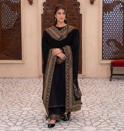 Royal Noir Embroidered Premium Pure Cotton Suit Set with Heavy Traditional Dupatta