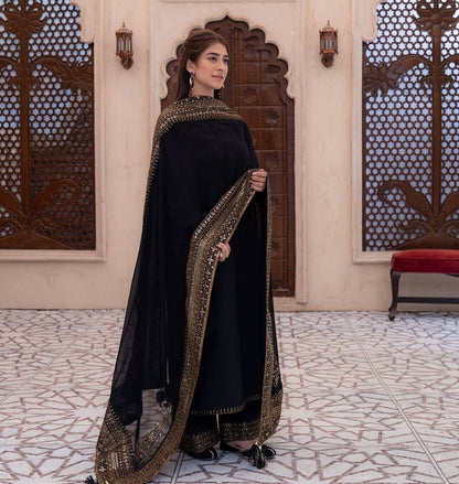 Royal Noir Embroidered Premium Pure Cotton Suit Set with Heavy Traditional Dupatta