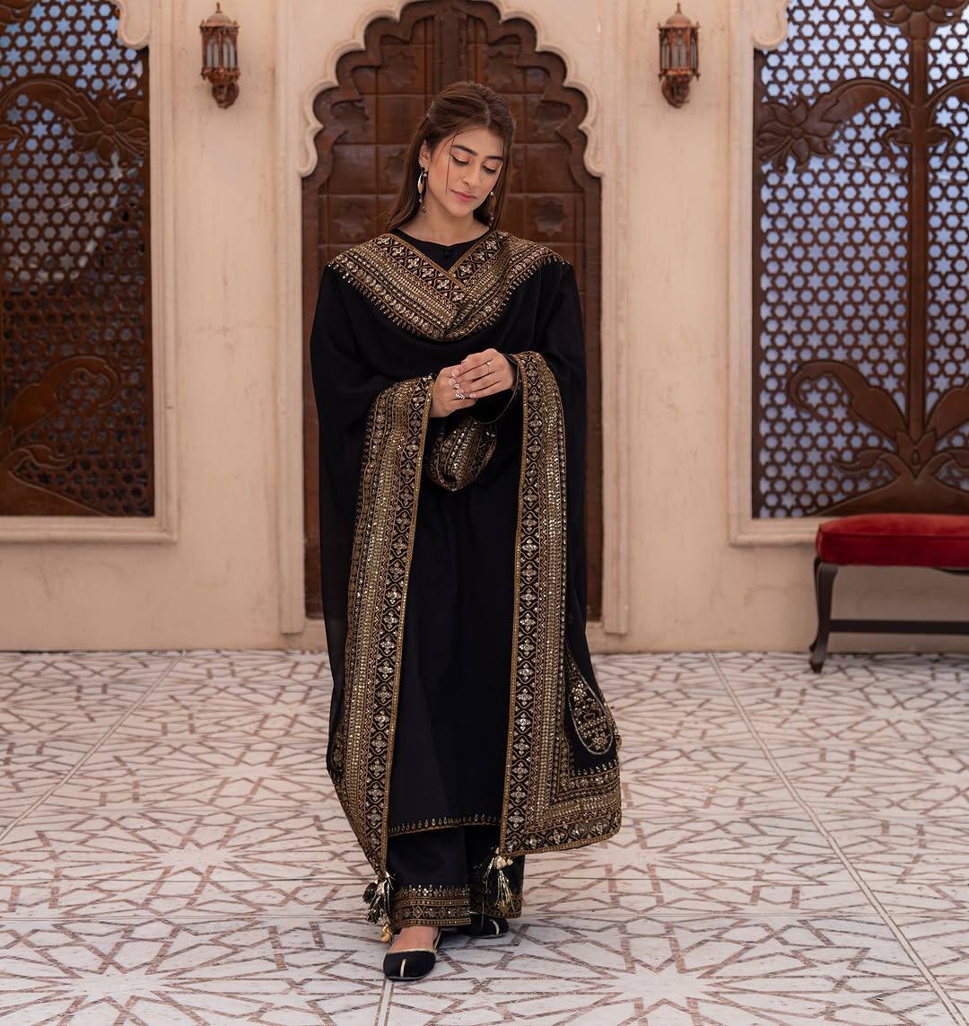 Royal Noir Embroidered Premium Pure Cotton Suit Set with Heavy Traditional Dupatta