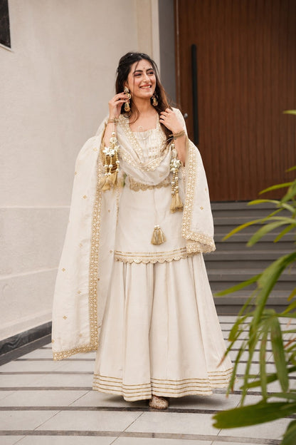 Graceful White Gold Embroidered Sharara Suit Set