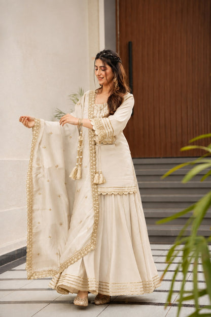 Graceful White Gold Embroidered Sharara Suit Set