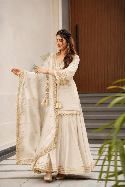 Graceful White Gold Embroidered Sharara Suit Set