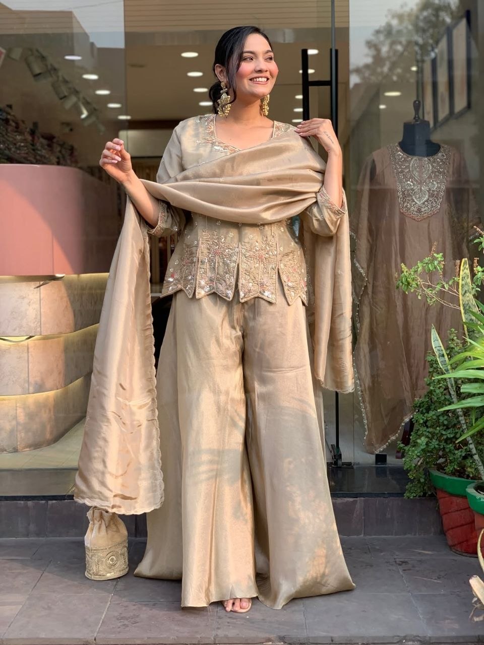 Beautiful Designer Embroidered Beige 3-Piece Suit Set
