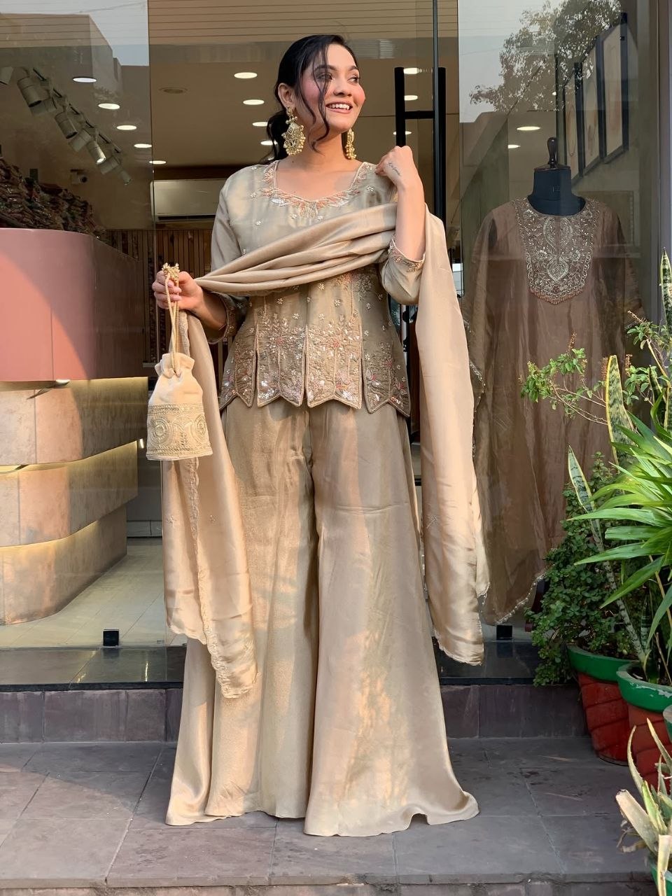 Beautiful Designer Embroidered Beige 3-Piece Suit Set