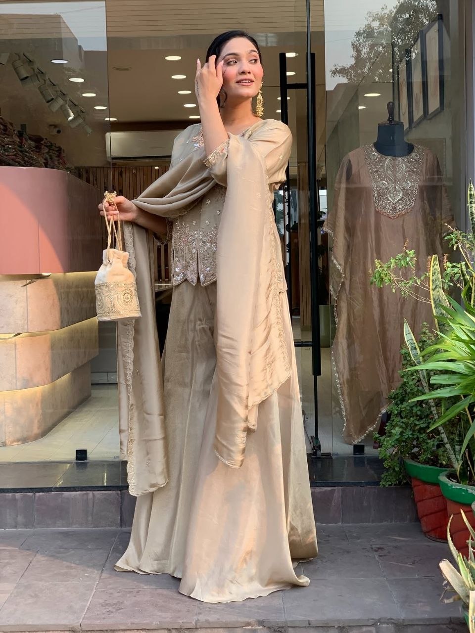Beautiful Designer Embroidered Beige 3-Piece Suit Set