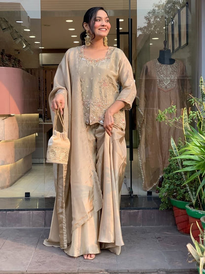 Beautiful Designer Embroidered Beige 3-Piece Suit Set