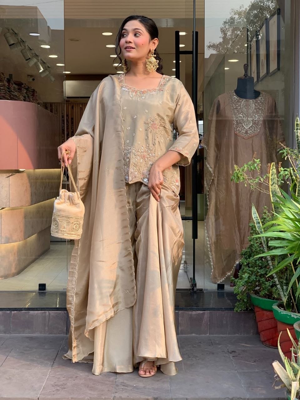 Beautiful Designer Embroidered Beige 3-Piece Suit Set
