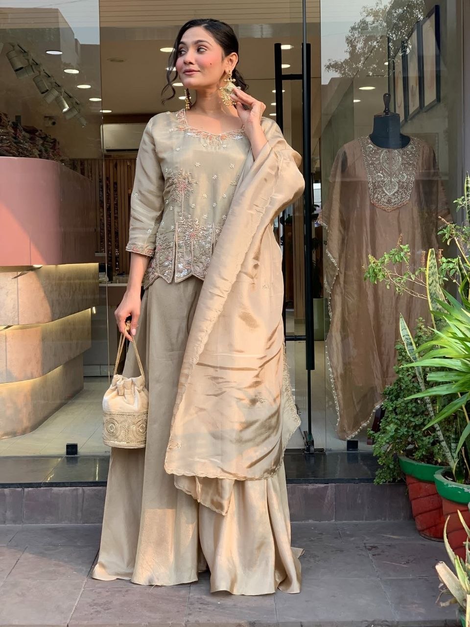 Beautiful Designer Embroidered Beige 3-Piece Suit Set