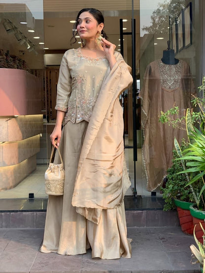 Beautiful Designer Embroidered Beige 3-Piece Suit Set