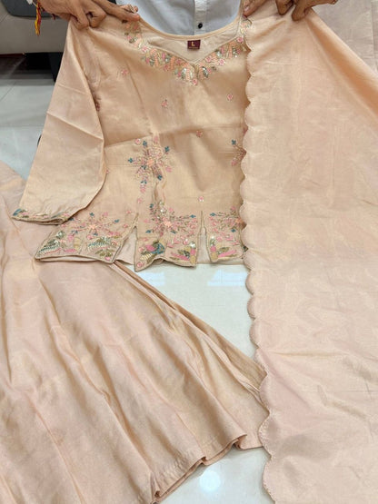 Beautiful Designer Embroidered Beige 3-Piece Suit Set