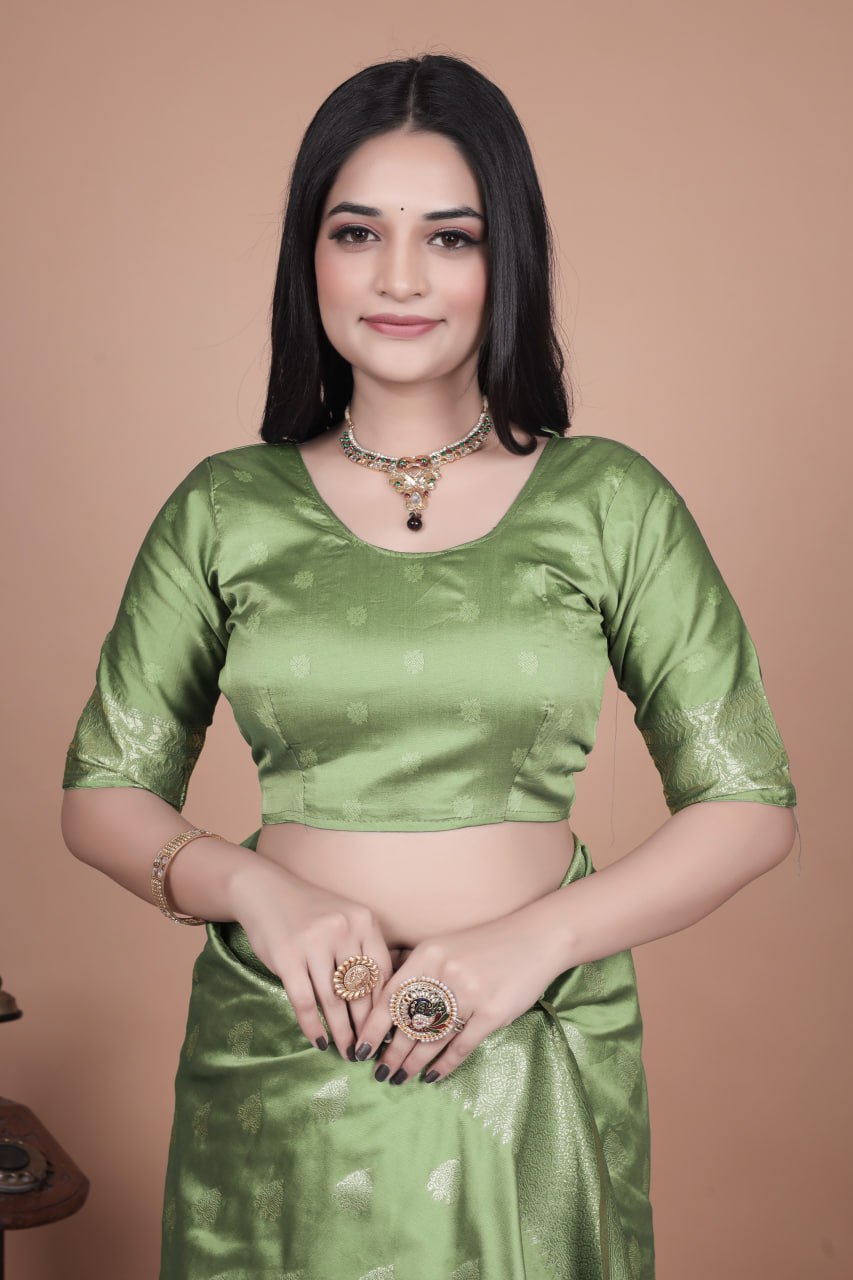 Lime Green Banarasi Silk Saree with Intricate Zari Peacock Motifs