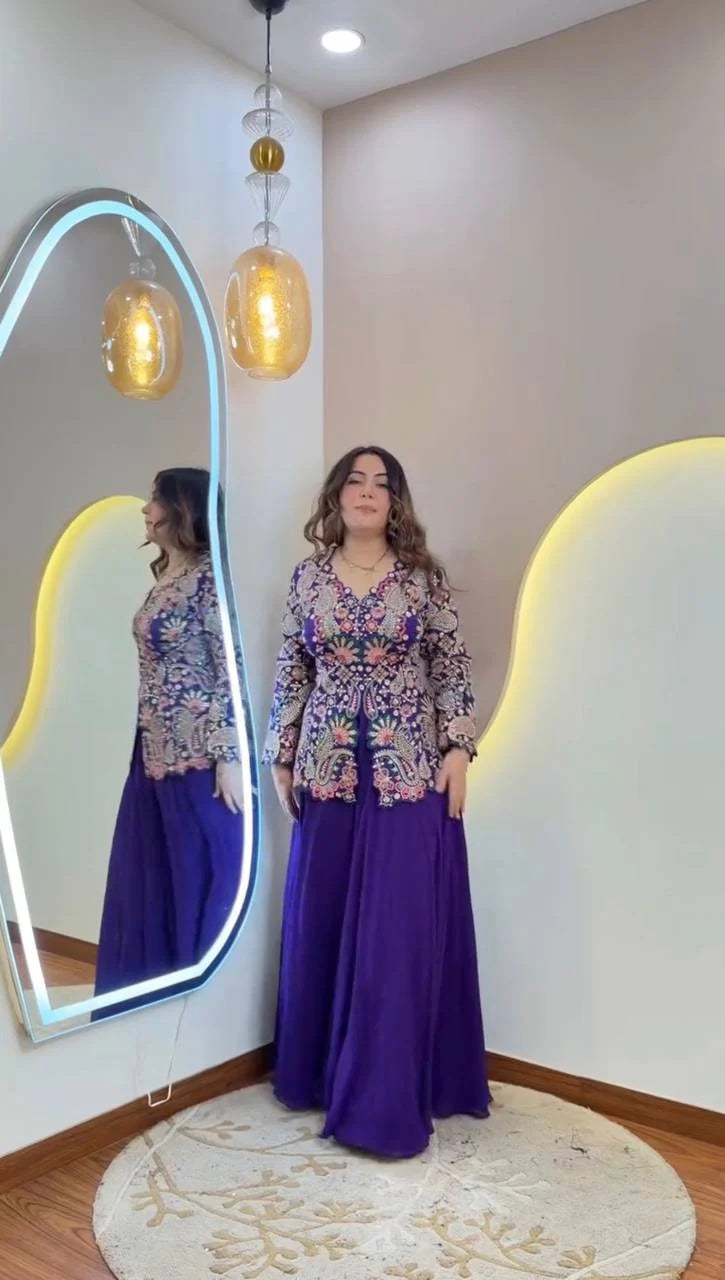 Elegant Royal Purple Floral Embroidered Peplum Sharara Set