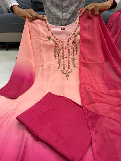 Peach Pink Ombre Embroidered Anarkali Suit Set