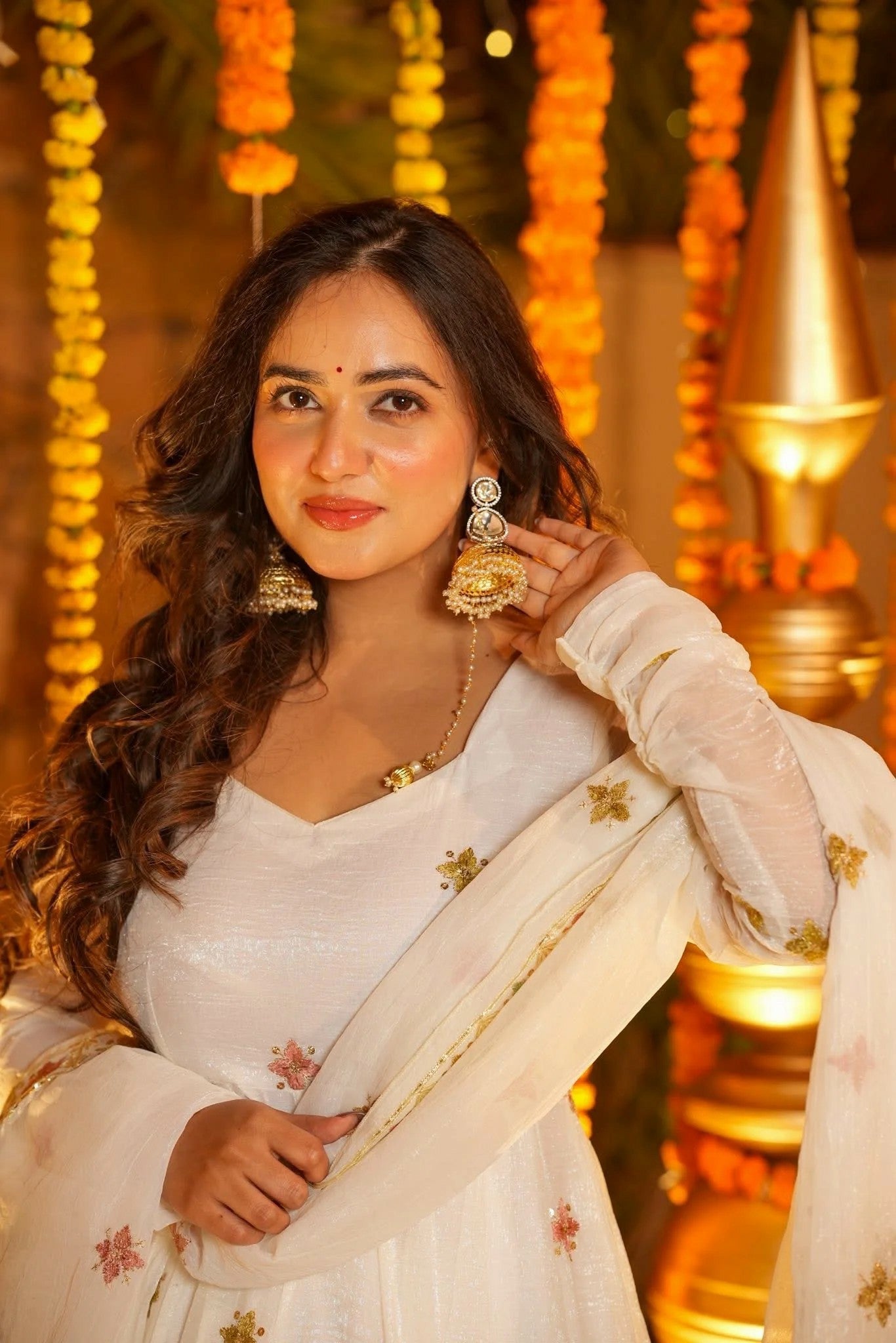 White Premium Soft Cruncy Silk Anarkali Suit Set with Floral Embroidery,