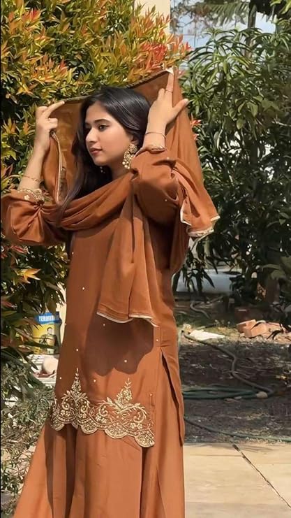 Fantastic Rust Chocolate Heavy Fox Georgette Scalloped Suit Set