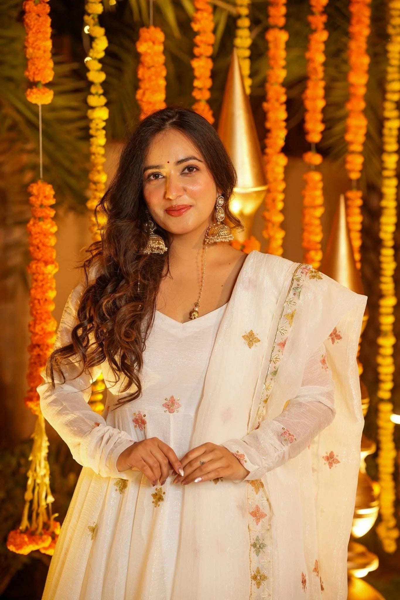 White Premium Soft Cruncy Silk Anarkali Suit Set with Floral Embroidery,