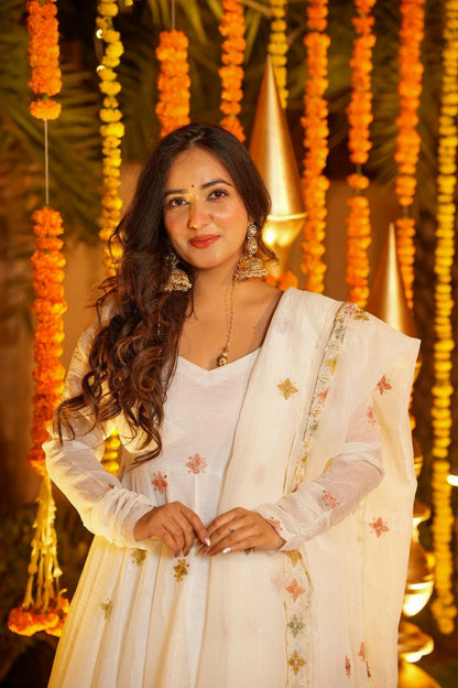White Premium Soft Cruncy Silk Anarkali Suit Set with Floral Embroidery,