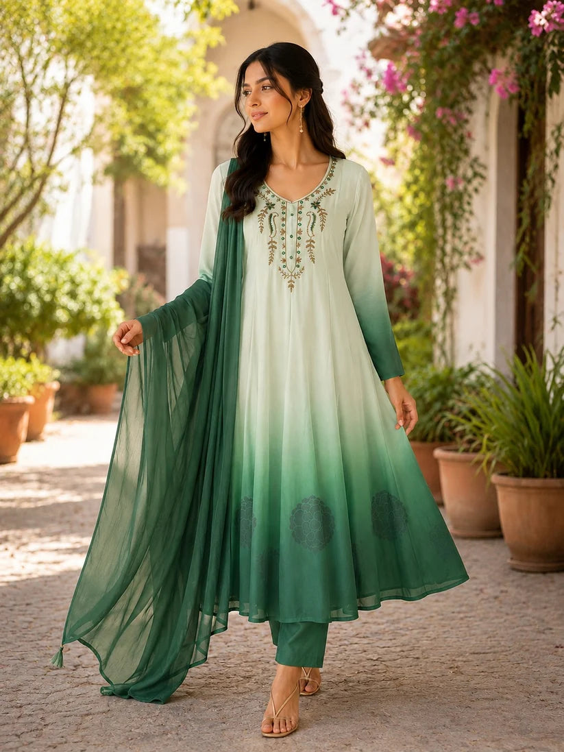 Mint Green Ombre Embroidered Anarkali Suit Set