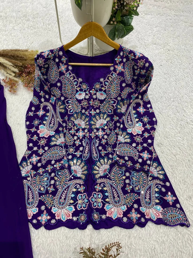 Elegant Royal Purple Floral Embroidered Peplum Sharara Set