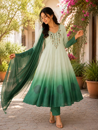 Mint Green Ombre Embroidered Anarkali Suit Set
