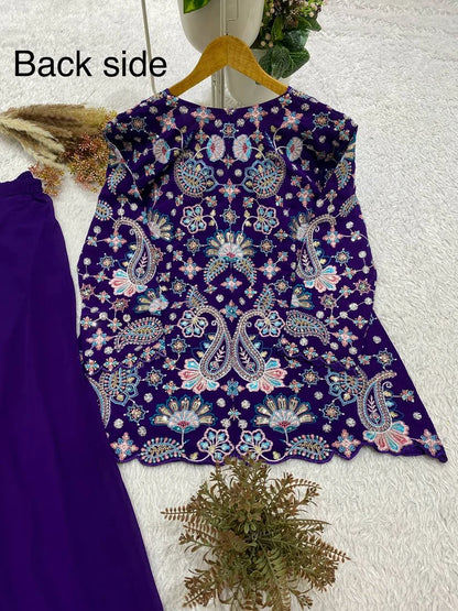 Elegant Royal Purple Floral Embroidered Peplum Sharara Set