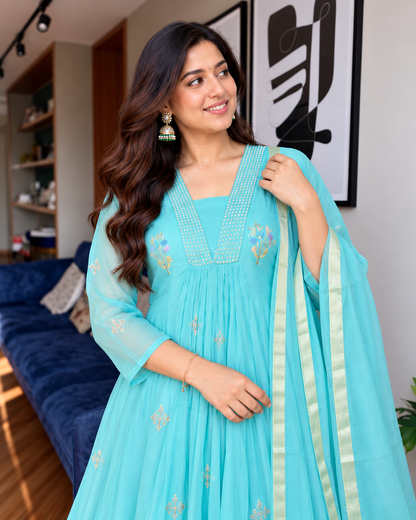 Charming Aqua Blue Embroidered Anarkali Suit Set
