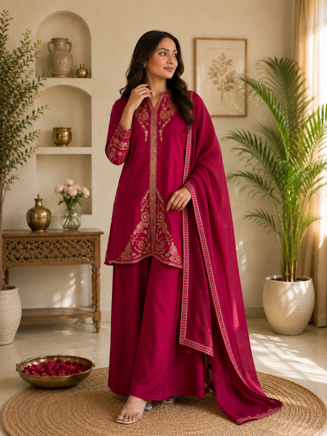 Regal Magenta Embroidered Festive Suit Set with Dupatta