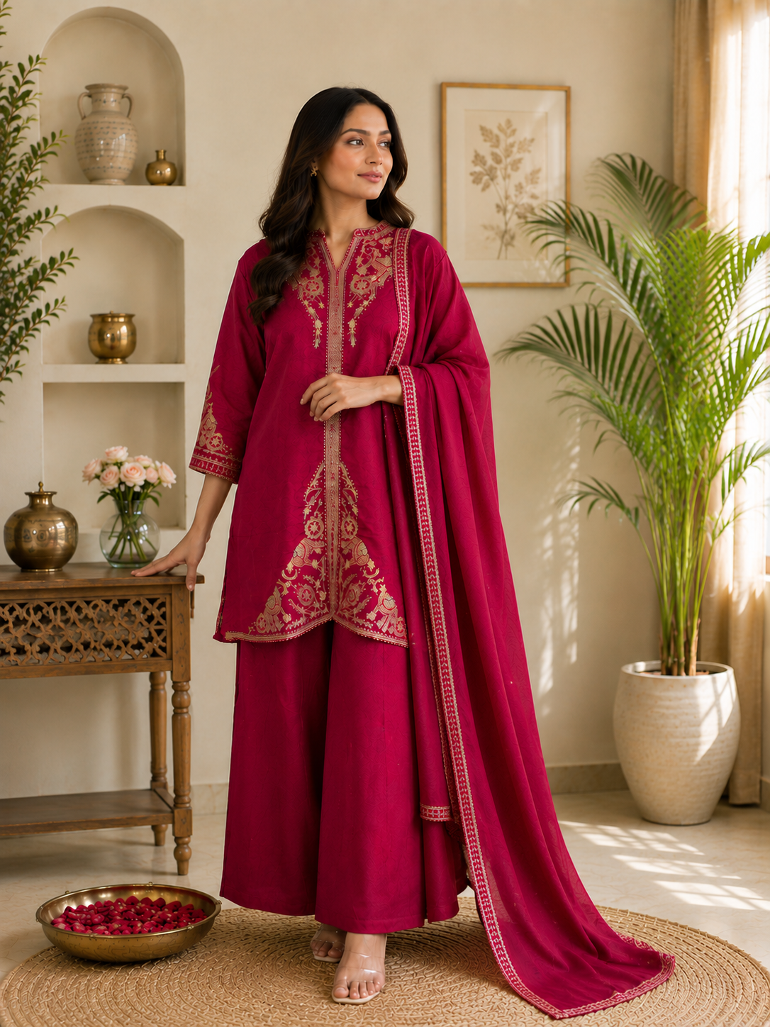 Regal Magenta Embroidered Festive Suit Set with Dupatta