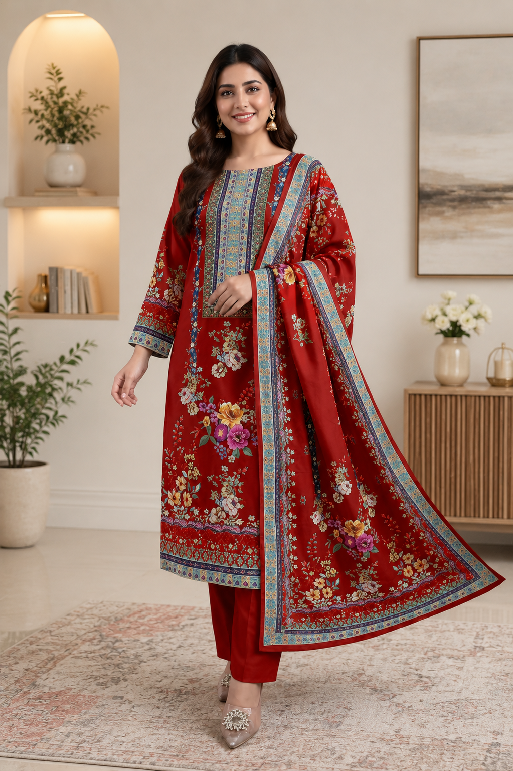 Gorgeous Women's Red Floral Printed Muslin Kurta Pant & Dupatta Set