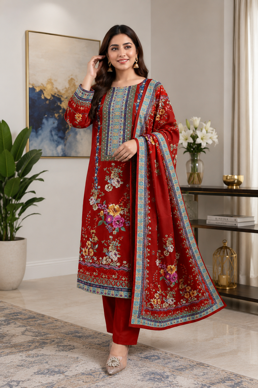 Gorgeous Women's Red Floral Printed Muslin Kurta Pant & Dupatta Set