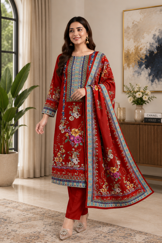 Gorgeous Women's Red Floral Printed Muslin Kurta Pant & Dupatta Set