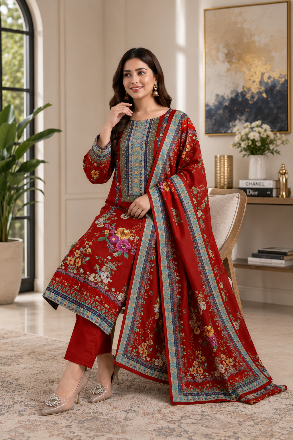 Gorgeous Women's Red Floral Printed Muslin Kurta Pant & Dupatta Set