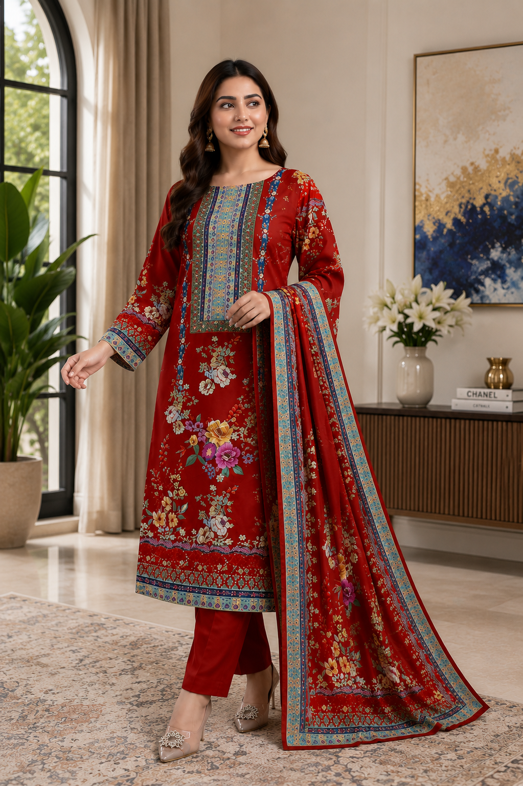 Gorgeous Women's Red Floral Printed Muslin Kurta Pant & Dupatta Set