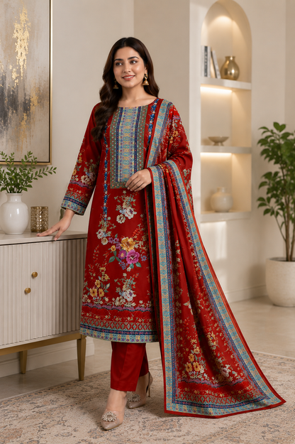 Gorgeous Women's Red Floral Printed Muslin Kurta Pant & Dupatta Set
