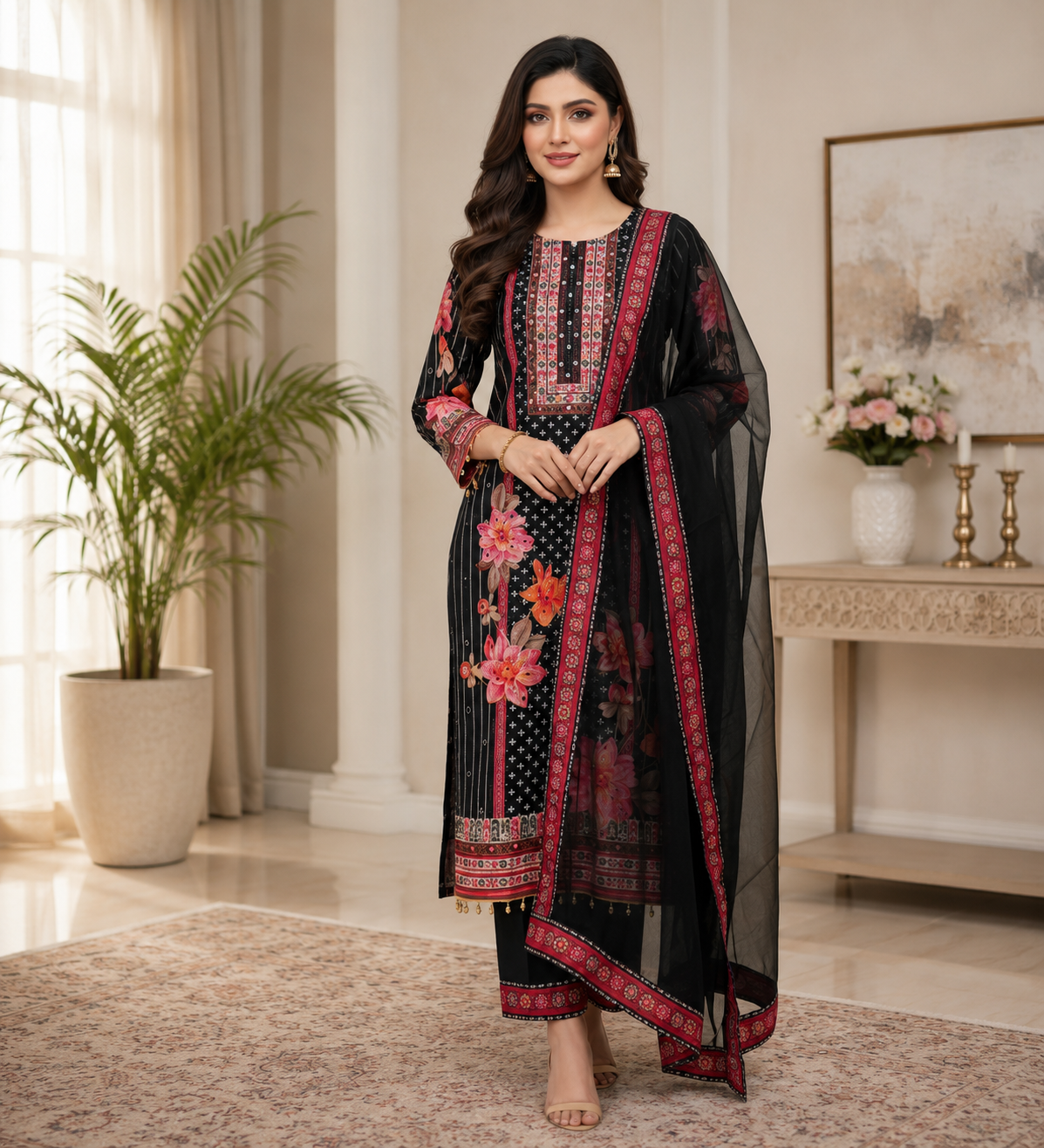 Women's Black Floral Printed Muslin Kurta Pant & Dupatta Set