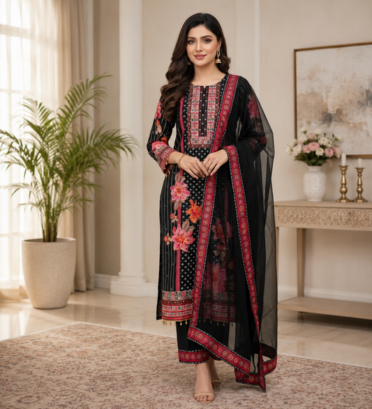 Women's Black Floral Printed Muslin Kurta Pant & Dupatta Set