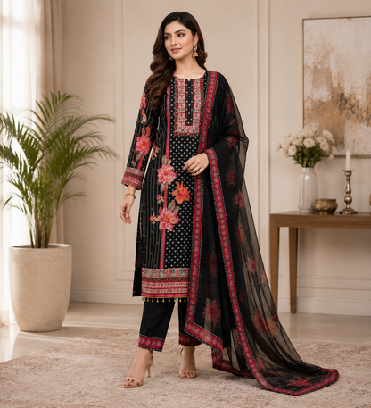 Women's Black Floral Printed Muslin Kurta Pant & Dupatta Set