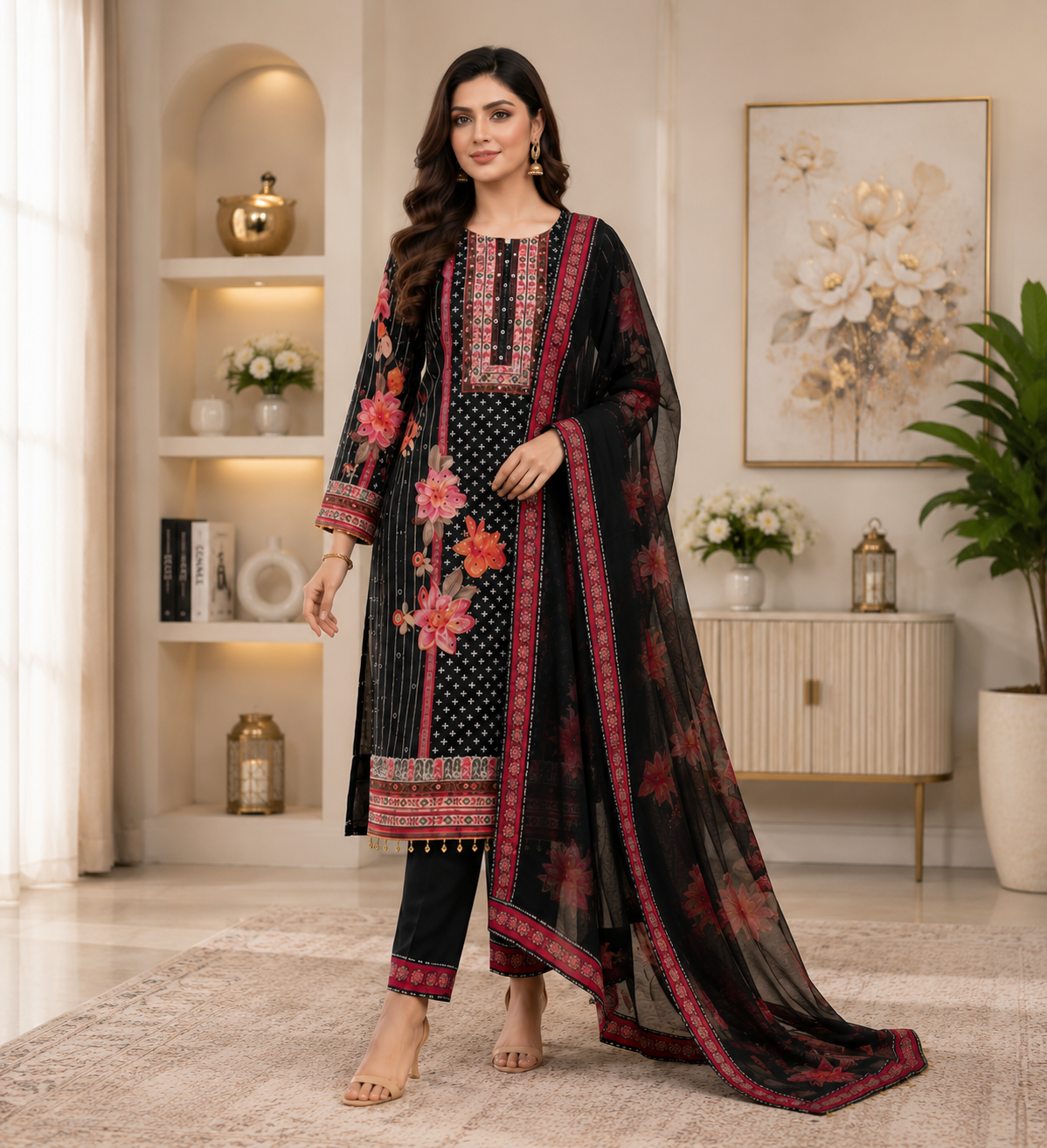 Women's Black Floral Printed Muslin Kurta Pant & Dupatta Set