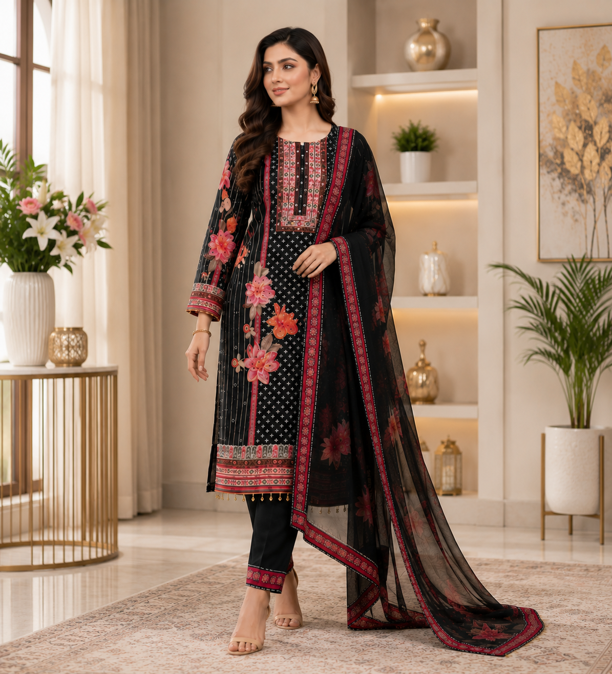 Women's Black Floral Printed Muslin Kurta Pant & Dupatta Set