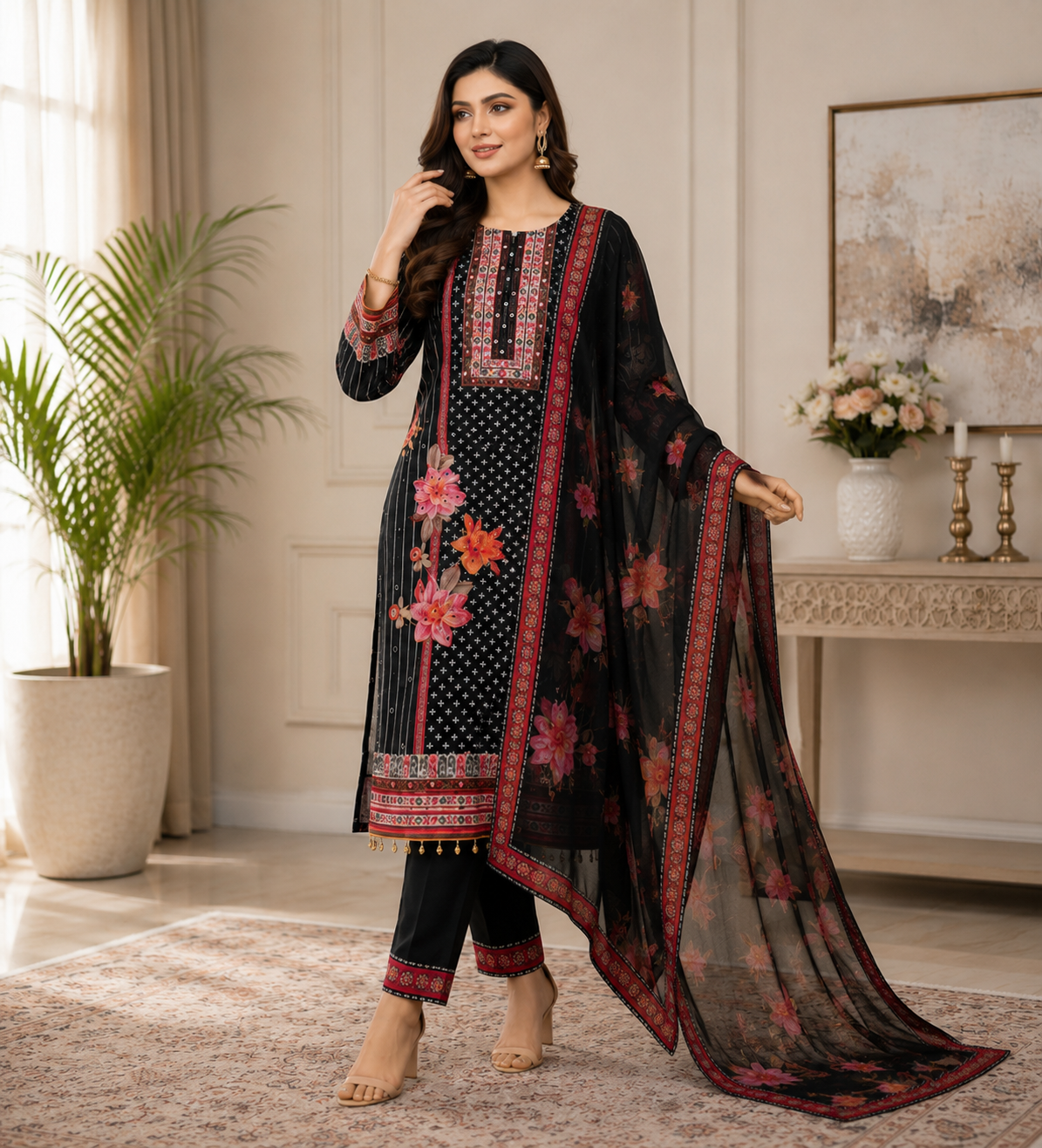 Women's Black Floral Printed Muslin Kurta Pant & Dupatta Set