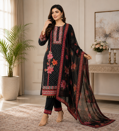 Women's Black Floral Printed Muslin Kurta Pant & Dupatta Set