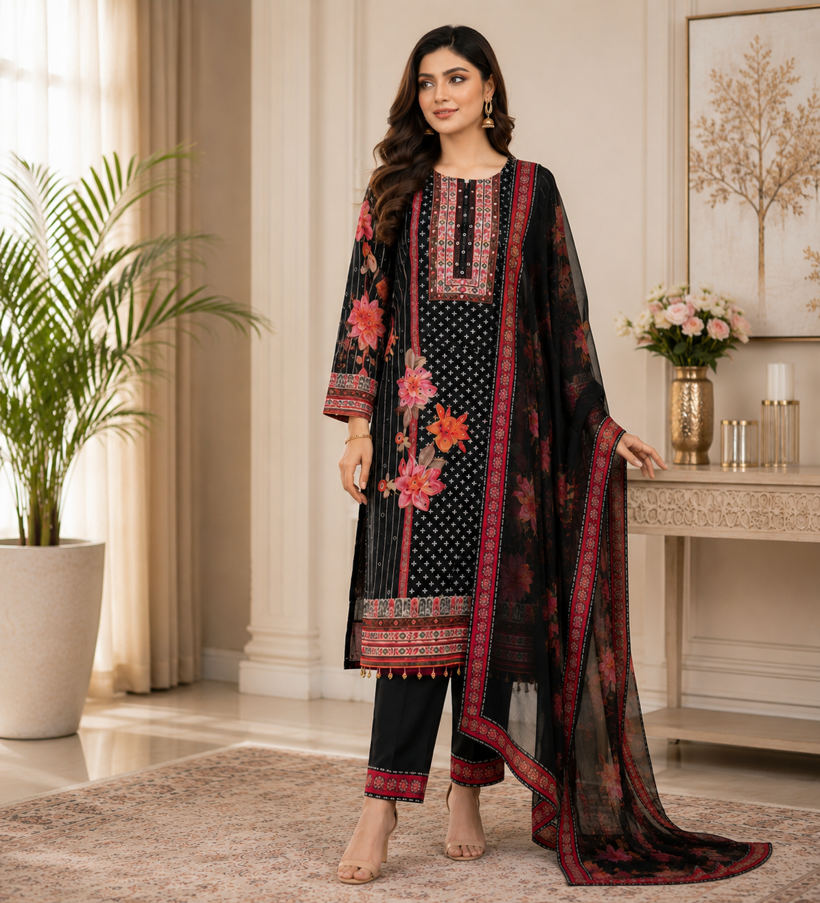 Women's Black Floral Printed Muslin Kurta Pant & Dupatta Set