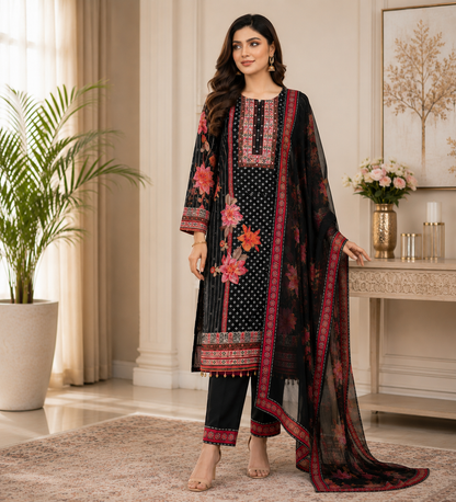 Women's Black Floral Printed Muslin Kurta Pant & Dupatta Set