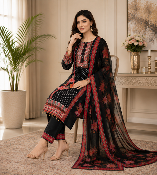 Women's Black Floral Printed Muslin Kurta Pant & Dupatta Set