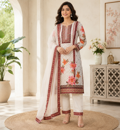 Stylish Women's Cream Floral Printed Muslin Kurta Pant & Dupatta Set